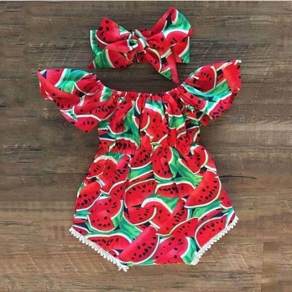 Adorable Watermelon Print Romper and Headband Set - Sz 12-18 Mos - Picture 1 of 2